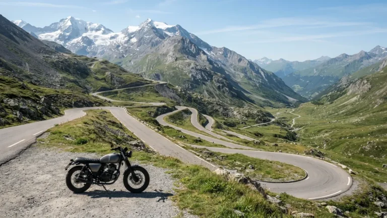 Serpentiny alpského průsmyku pod zasněženými vrcholy s odstavenou motorkou
