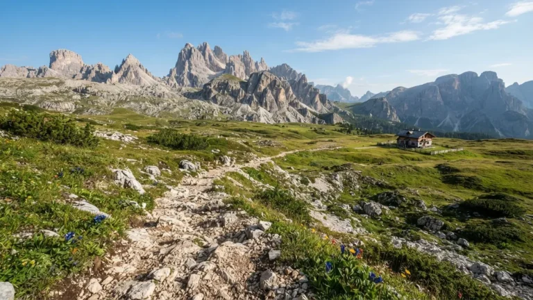 Horská stezka přes náhorní plošinu mezi vápencovými štíty Dolomit