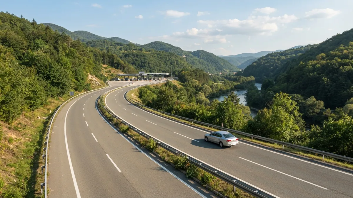 Dálnice mezi zalesněnými kopci v Bosně a Hercegovině s osobním autem