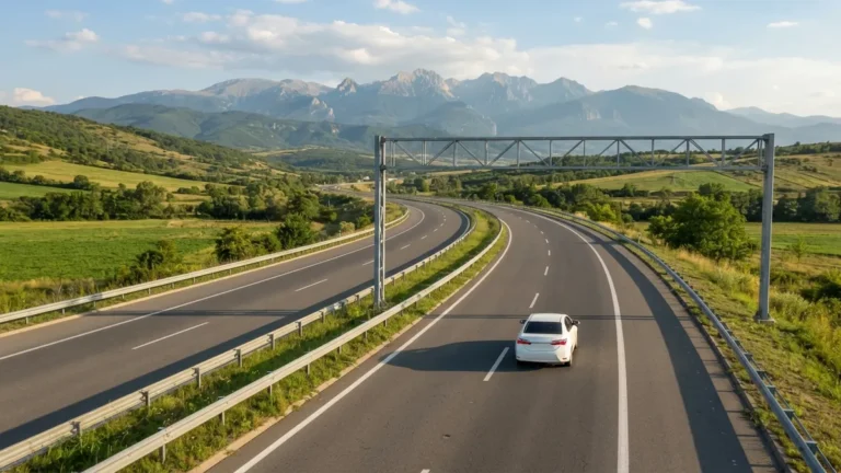 Bulharská dálnice s kamerovou bránou a pohořím Stara planina