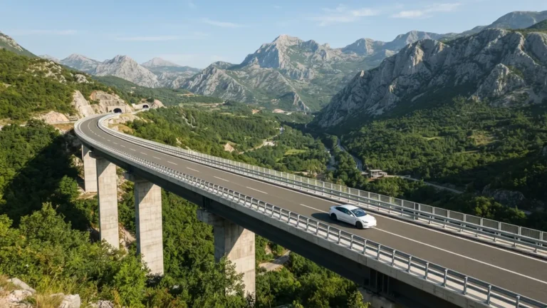 Dálniční most přes horské údolí v Černé Hoře s osobním autem