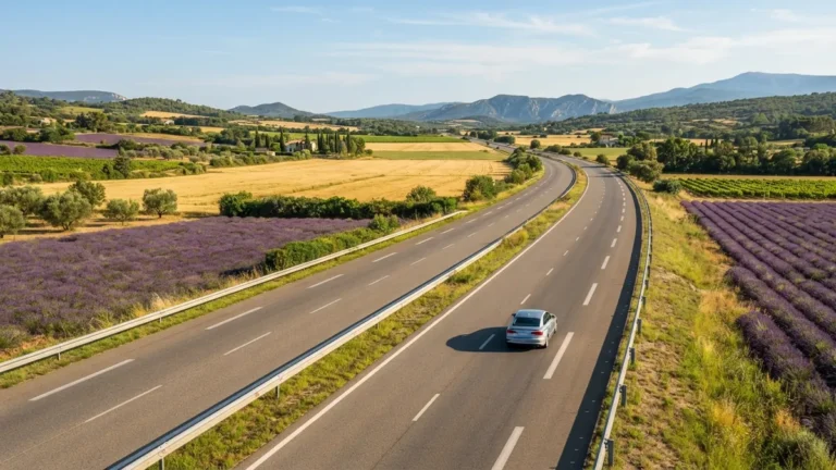 Francouzská dálnice mezi levandulovými poli v Provence