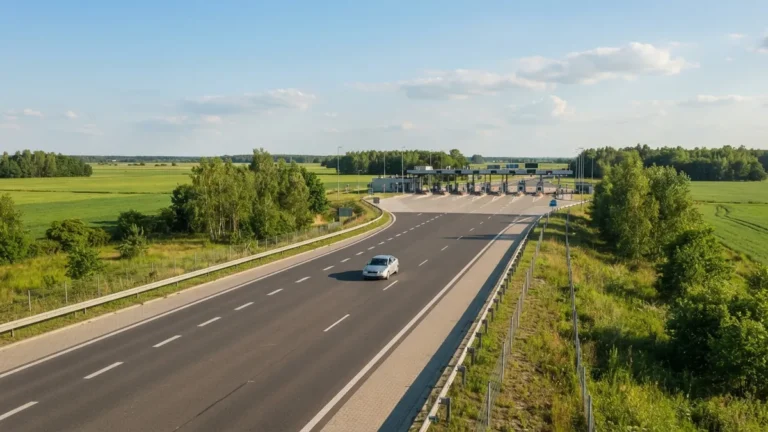 Polská dálnice s mýtnou branou uprostřed zemědělské krajiny