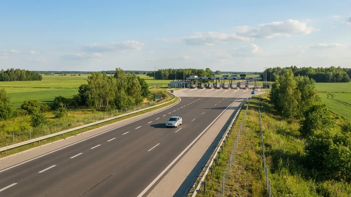 Polská dálnice s mýtnou branou uprostřed zemědělské krajiny