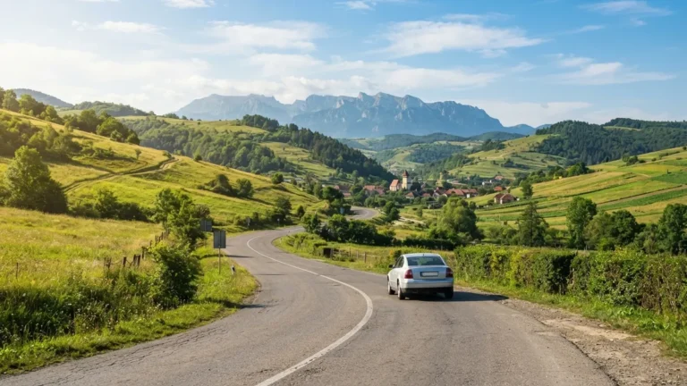 Národní silnice v Transylvánii s autem a Karpaty v pozadí