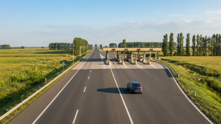 Dálnice v Srbsku s mýtnou stanicí a osobním autem