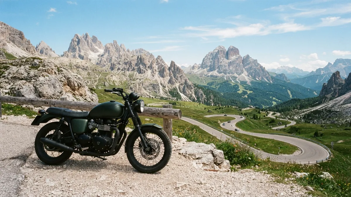 Motorka odstavená na průsmyku pod dolomitskými skalními věžemi