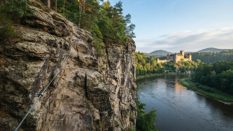 Skalní stěna nad Labem s ocelovým lanem a kramlemi ferraty