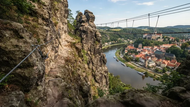 Lanový most ferraty mezi dvěma vrcholy skály nad Vltavou