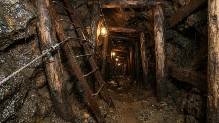 Důlní komín se stupačkami a ocelovým lanem podzemní ferraty