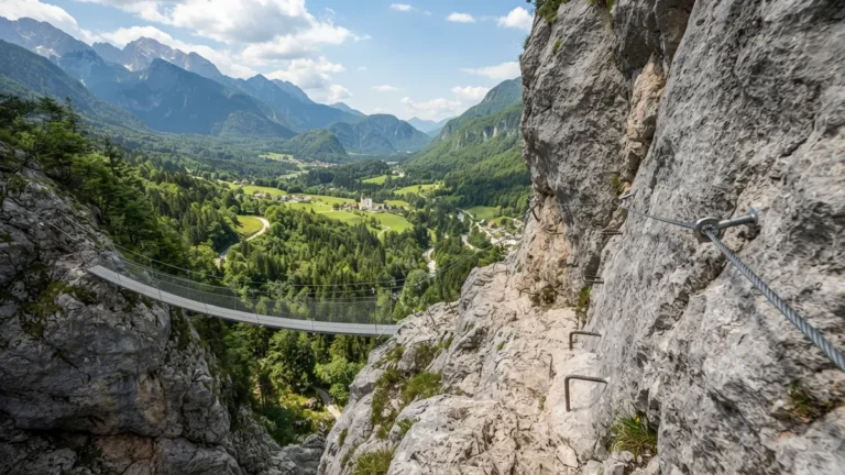 Ferrata s ocelovým lanem na vápencové stěně v Julských Alpách