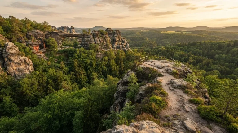 Pískovcové skály a lesy v Českém Švýcarsku z vyhlídky