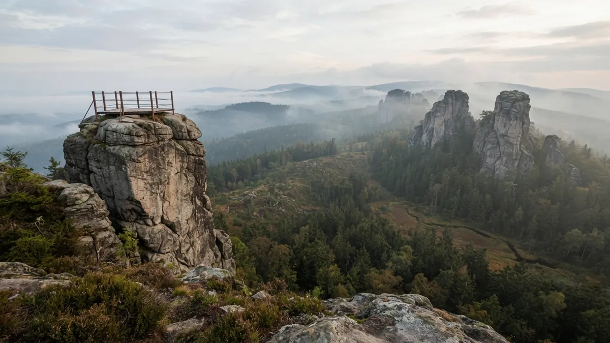 Skalní věže s vyhlídkou nad lesy Jizerských hor v ranní mlze