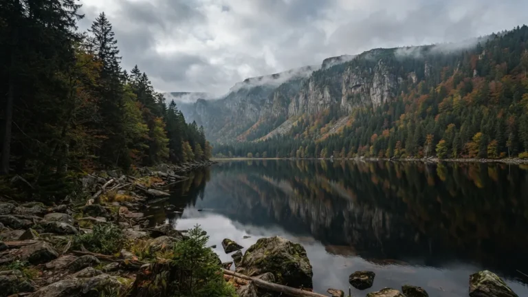 Ledovcové jezero pod zalesněnou skalní stěnou na Šumavě