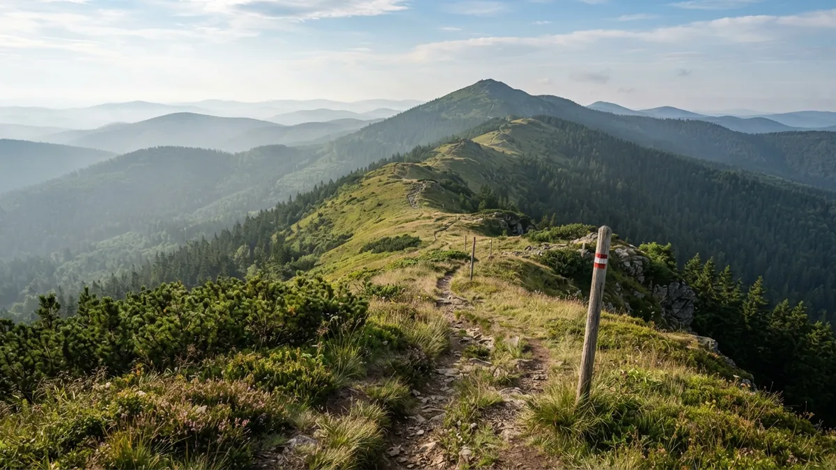 Turistická cesta po travnatém horském hřebeni s výhledem do krajiny