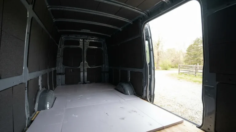 Izolace stěn a podlahy dodávky během přestavby na obytné auto