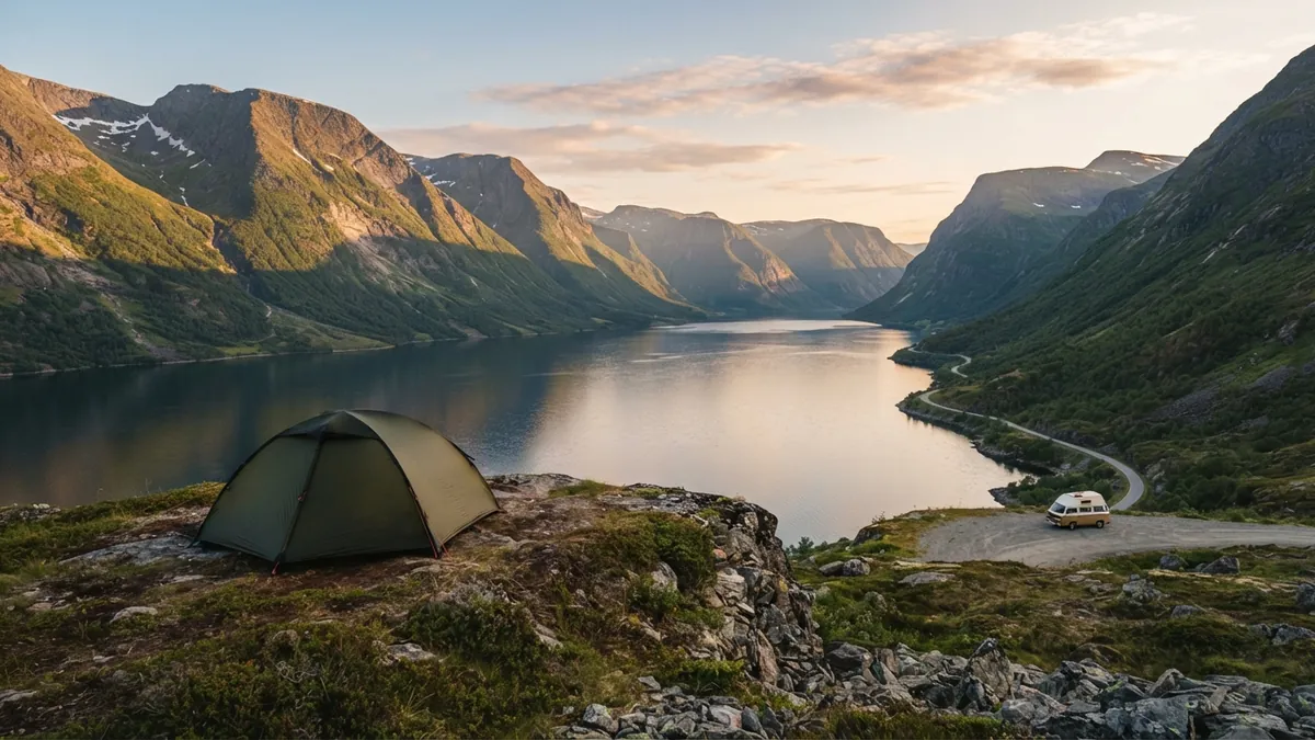 Stan nad norským fjordem a dodávka zaparkovaná u silnice