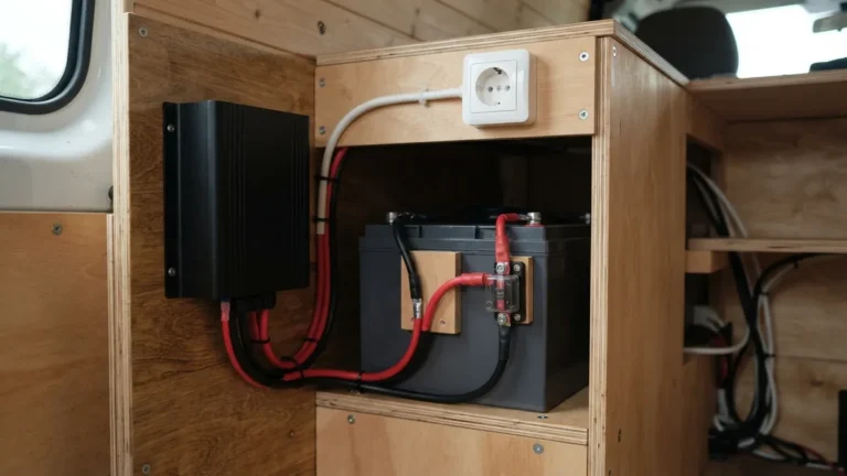 Měnič napětí a zásuvka 230 V ve skříňce obytné dodávky