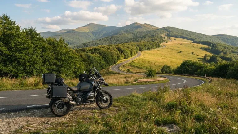 Motorka u klikaté silnice v lesích a loukách Bieszczad