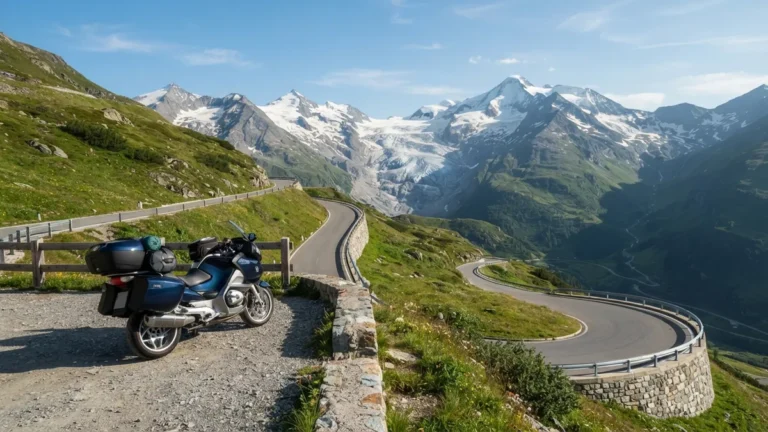 Cestovní motorka na vyhlídce vysokohorské silnice v rakouských Alpách