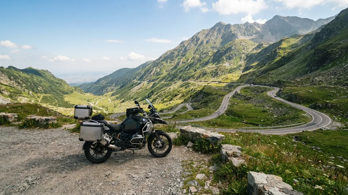 Motorka nad serpentinami horské silnice ve Fogarašských horách
