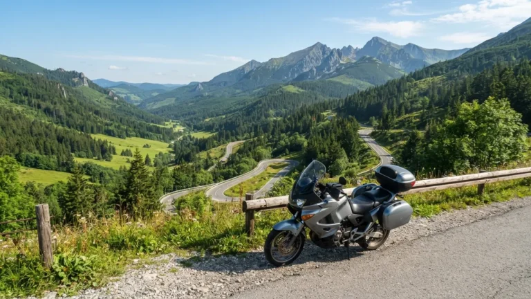 Motorka v horském sedle Nízkých Tater nad zeleným údolím
