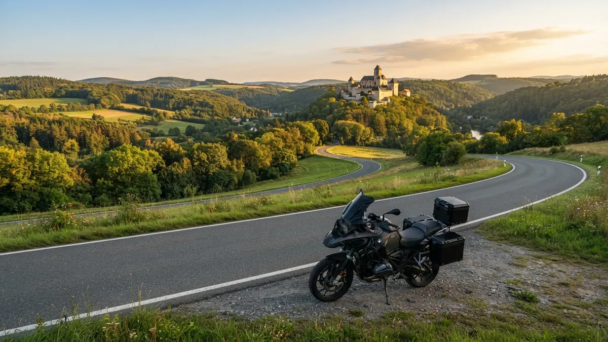 Cestovní motorka na klikaté silnici v kopcích s hradem v dálce