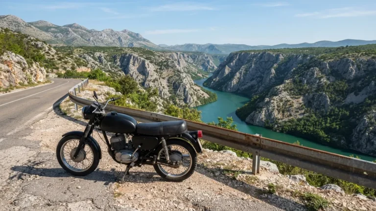 Odstavená motorka u silnice nad kaňonem řeky Neretvy v Hercegovině
