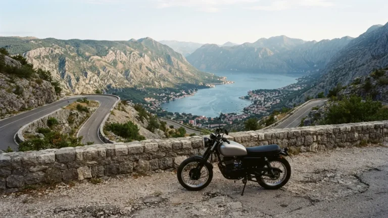 Odstavená motorka v serpentině nad Bokou Kotorskou v Černé Hoře