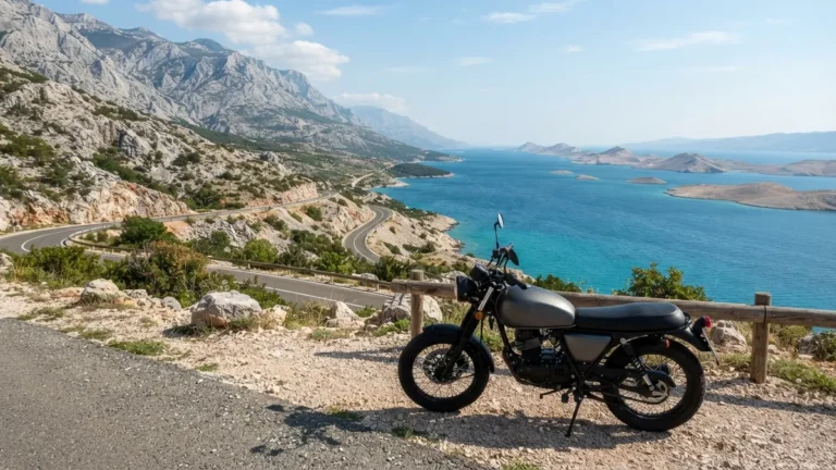Odstavená motorka na vyhlídce nad mořem pod pohořím Velebit v Chorvatsku