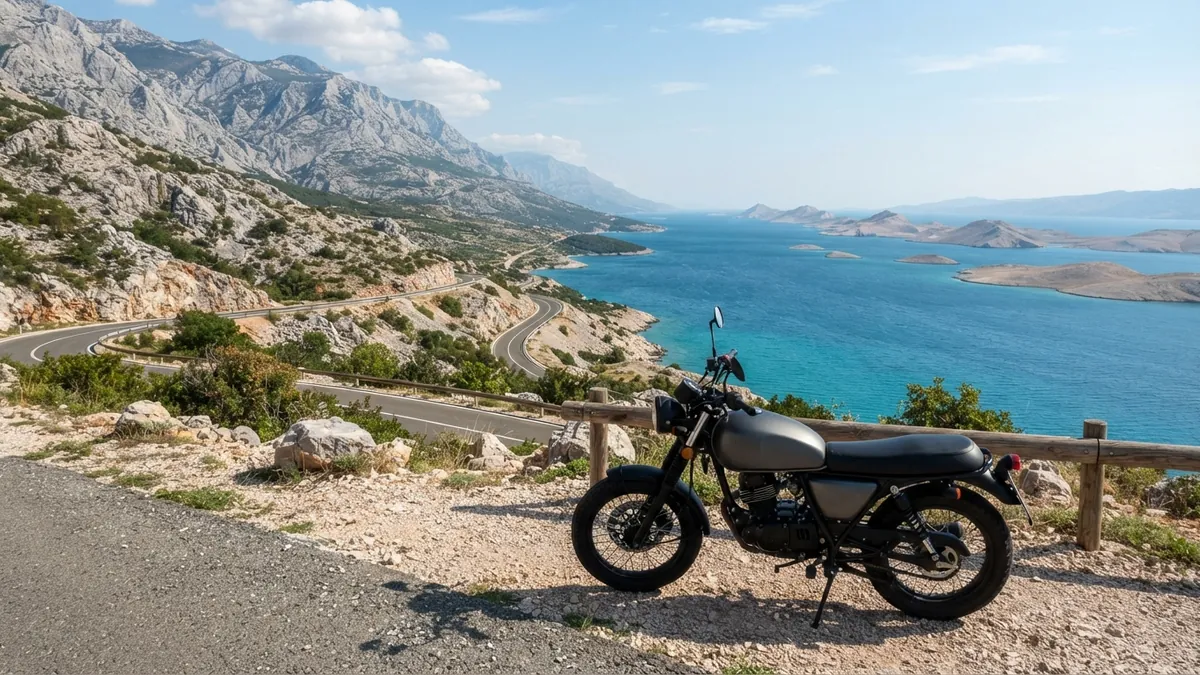 Odstavená motorka na vyhlídce nad mořem pod pohořím Velebit v Chorvatsku