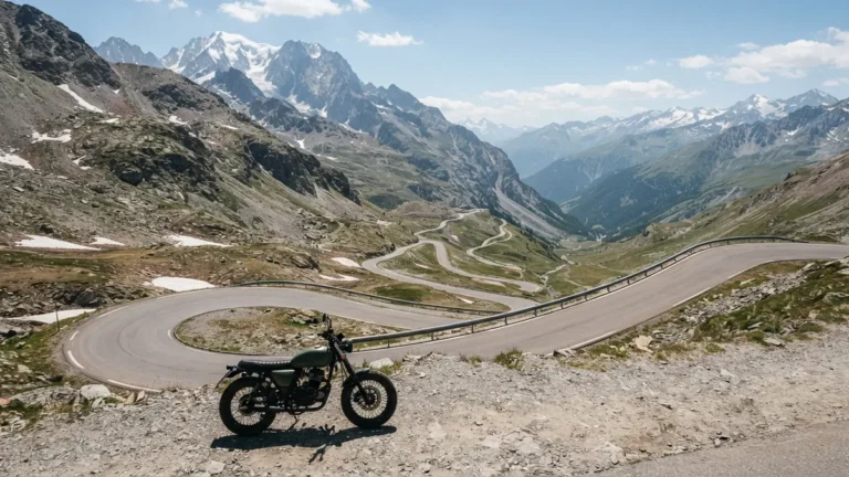 Odstavená motorka u horské silnice ve francouzských Alpách se serpentinami