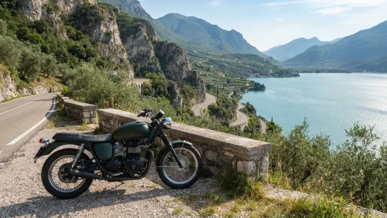Odstavená motorka nad Gardským jezerem u silnice ve skalách