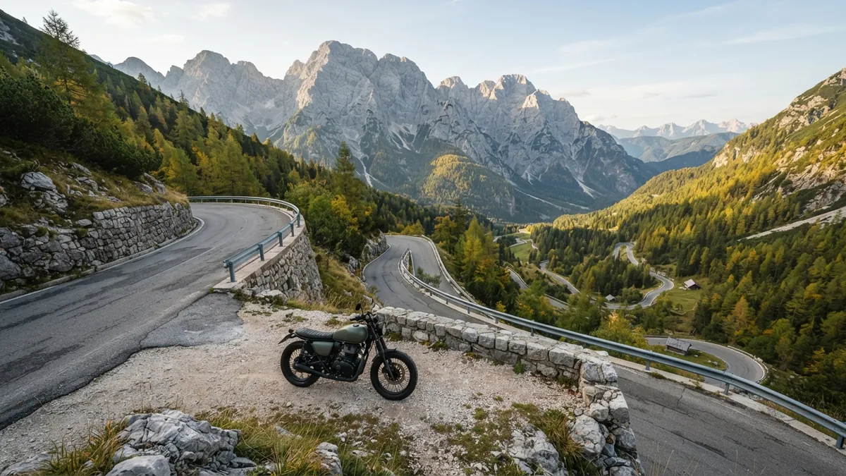 Odstavená motorka v serpentině horské silnice v Julských Alpách ve Slovinsku
