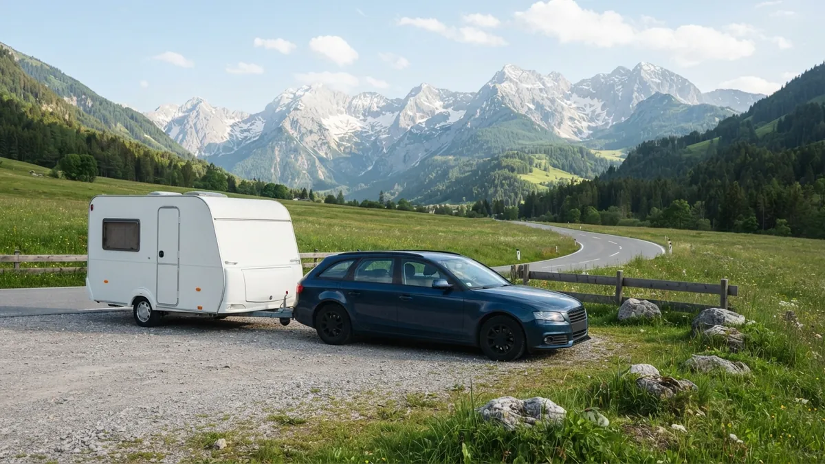 Osobní auto s obytným přívěsem na odpočívadle v horách
