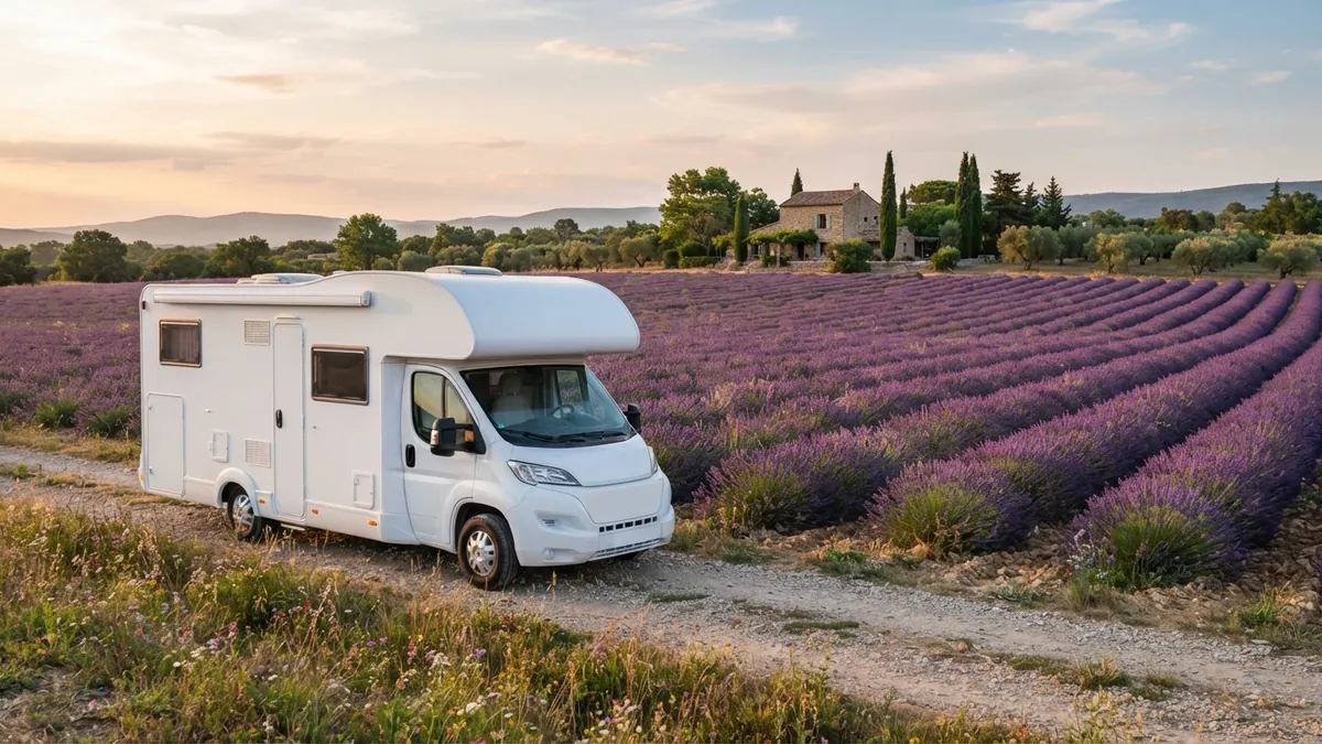Bílé obytné auto u levandulových polí v Provence ve Francii