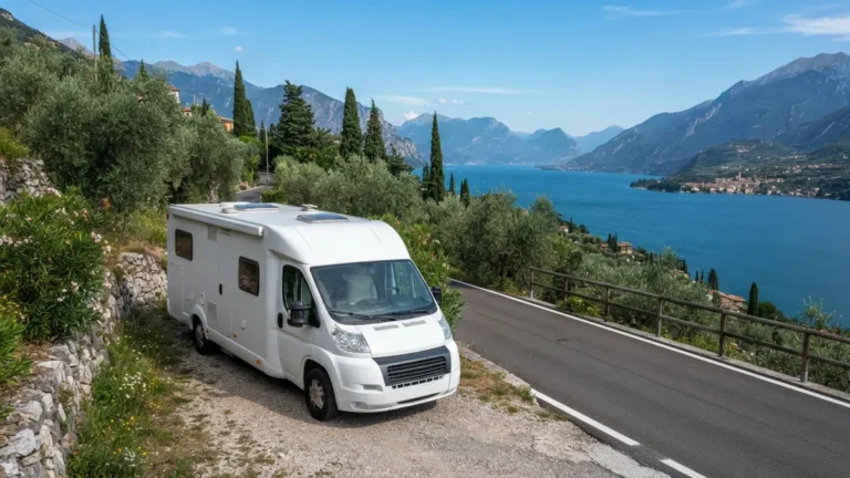 Bílé obytné auto nad jezerem Lago di Garda v Itálii