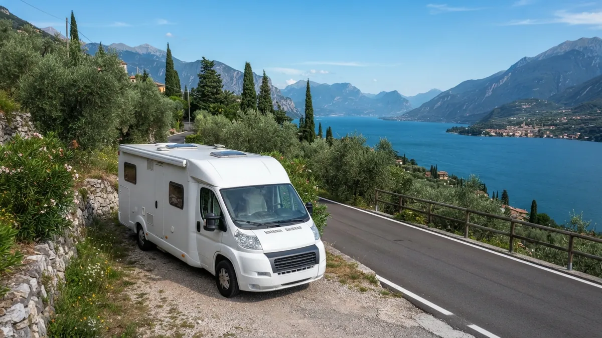 Bílé obytné auto nad jezerem Lago di Garda v Itálii