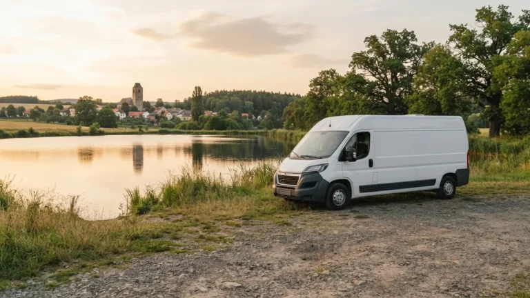 Bílá obytná dodávka u rybníka v jižních Čechách v létě