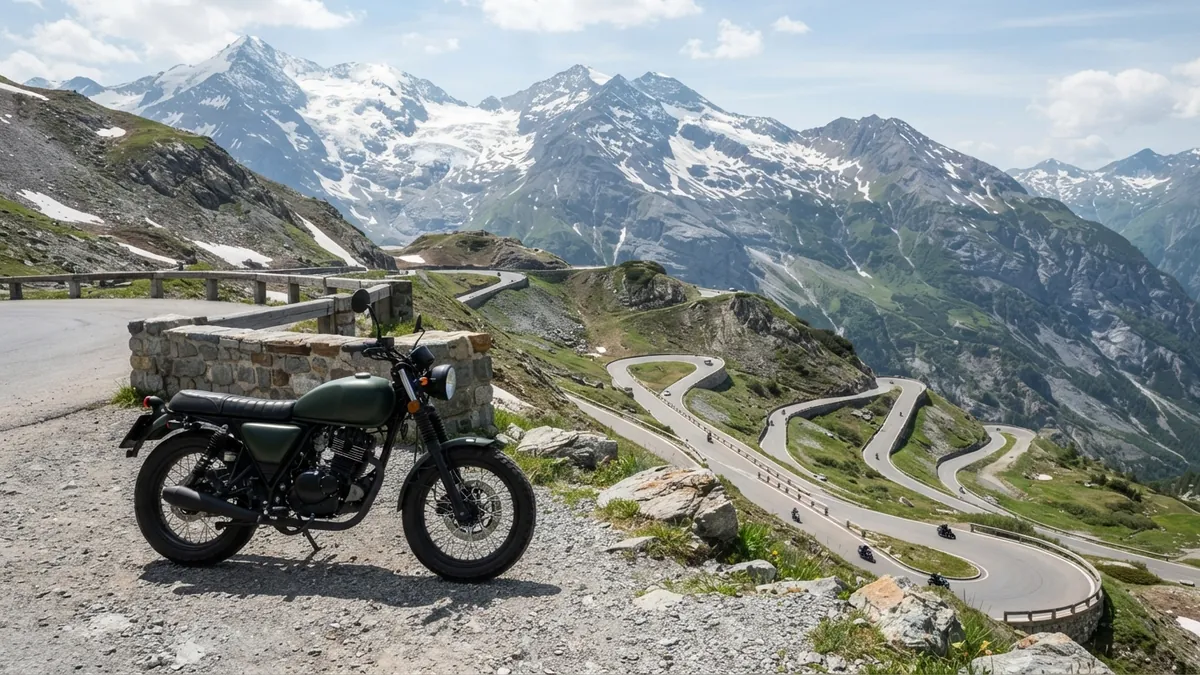 Motorka nad serpentinami vysokohorského průsmyku Stelvio