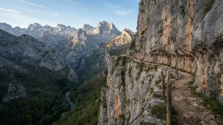 Stezka vytesaná ve vápencové stěně nad soutěskou řeky Cares v Picos de Europa