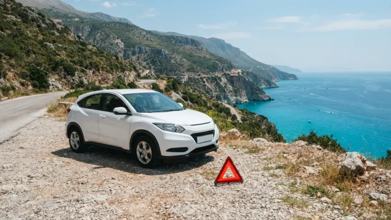 Osobní auto s výstražným trojúhelníkem nad albánským pobřežím