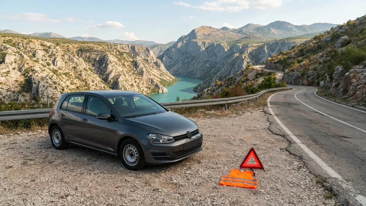 Osobní auto s výstražným trojúhelníkem u silnice nad řekou Neretvou
