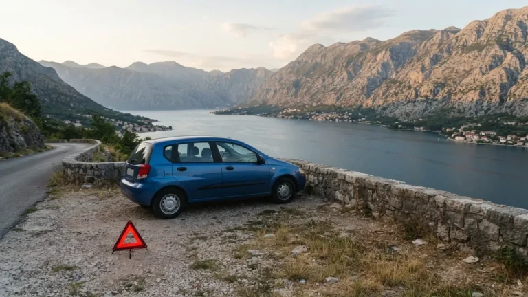 Osobní auto s výstražným trojúhelníkem nad Kotorskou zátokou