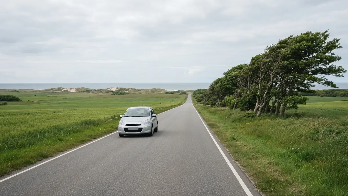 Auto na venkovské silnici mezi poli u moře v Dánsku
