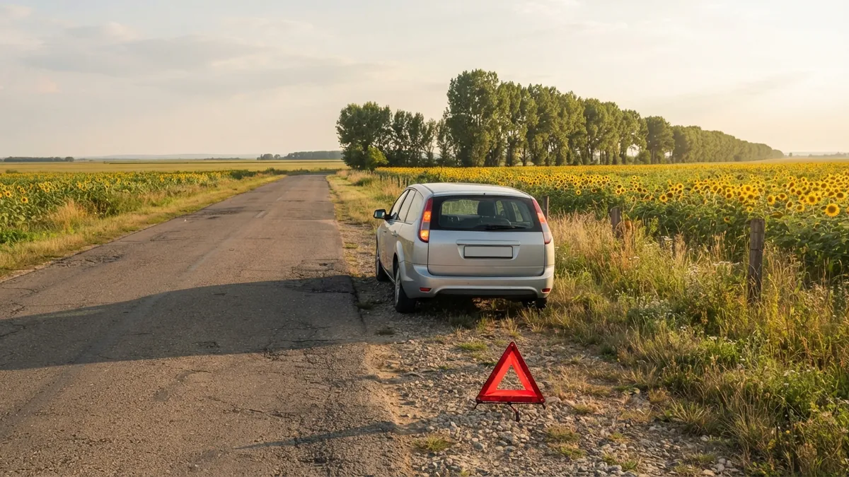 Auto s výstražným trojúhelníkem na krajnici silnice v Maďarsku