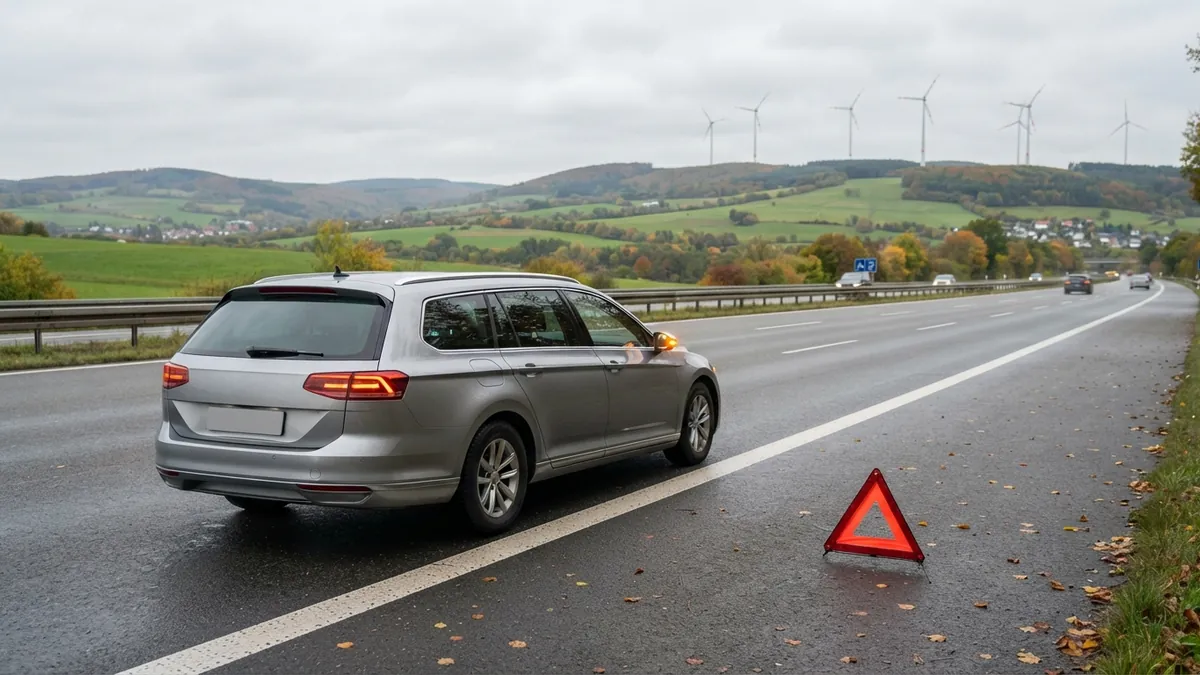 Auto s výstražným trojúhelníkem na krajnici německé dálnice