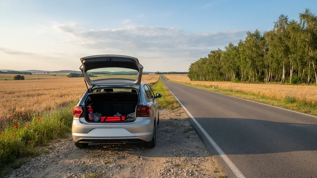 Auto s otevřeným kufrem a hasicím přístrojem u silnice v Polsku