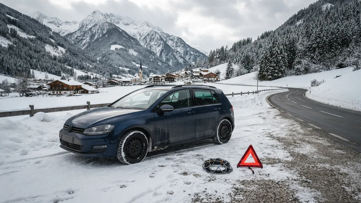 Auto se zimními pneumatikami a sněhovými řetězy na alpské silnici v Rakousku