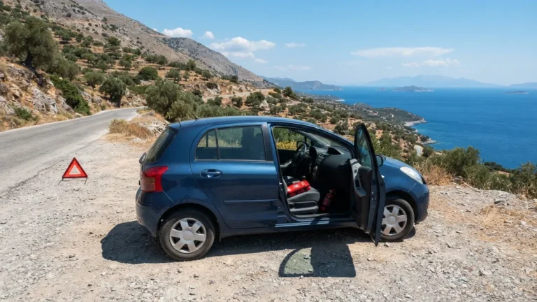 Auto s výstražným trojúhelníkem na pobřežní silnici v Řecku